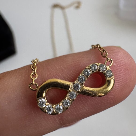 Gold Infinity Necklace with Cubic Zirconia Crystals - Picture 6 of 7